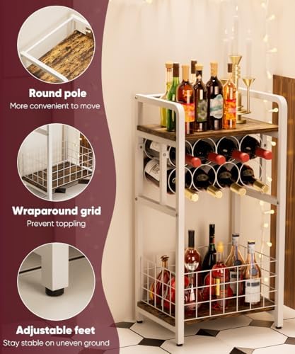 3-Tier Freestanding Wine Rack with Wood Top and Metal Frame