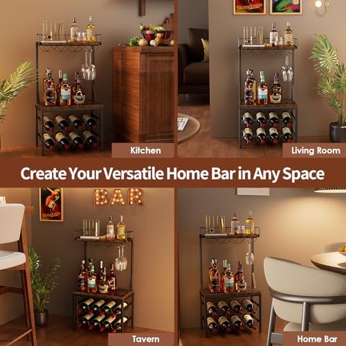Nuovoware 3-Tier Liquor Cabinet with Wine Rack - Black Retro Brown