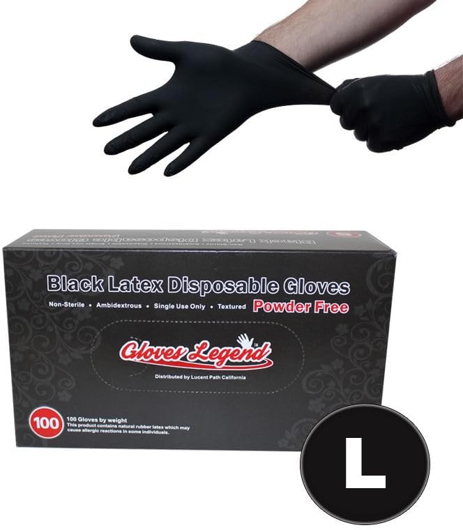 Gloves Legend Black Latex Powder Free Disposable Gloves - Large Size 100Box
