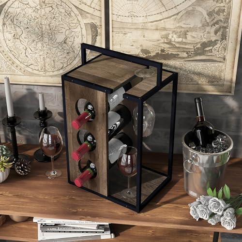 Furniture of America Harvan 3-Bottle Wine Rack in Reclaimed Oak