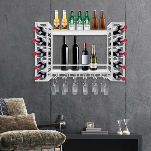 Wall Mounted Wine Rack with Glass Holders - 2-Tier White 33In