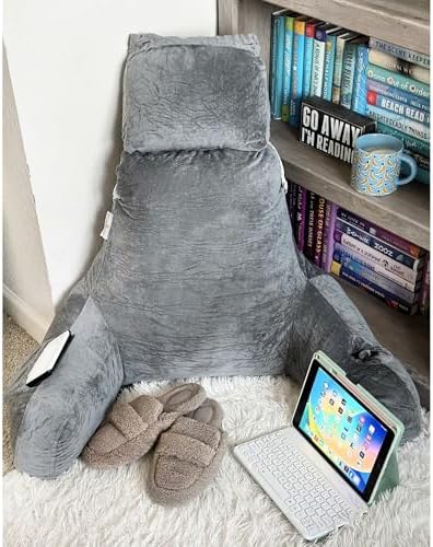 XL Memory Foam Reading Pillow with Armrests and Cup Holder - Charcoal Grey