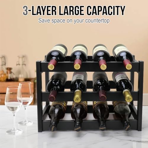 Thalomely 3-Tier Bamboo Wine Rack Black 12 Bottle Storage
