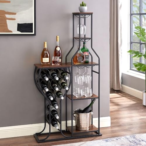 5 Tier Freestanding Wine Rack With Hanging Glass Holder