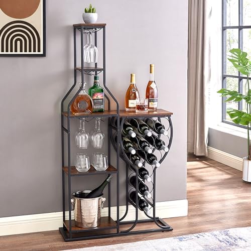 5-Tier Freestanding Wine Rack with Hanging Glass Holder Antique Brown