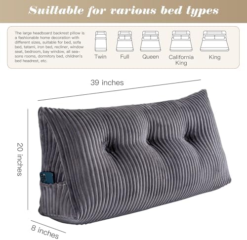 Activance Large Triangular Headboard Pillow with Removable Cover Grey