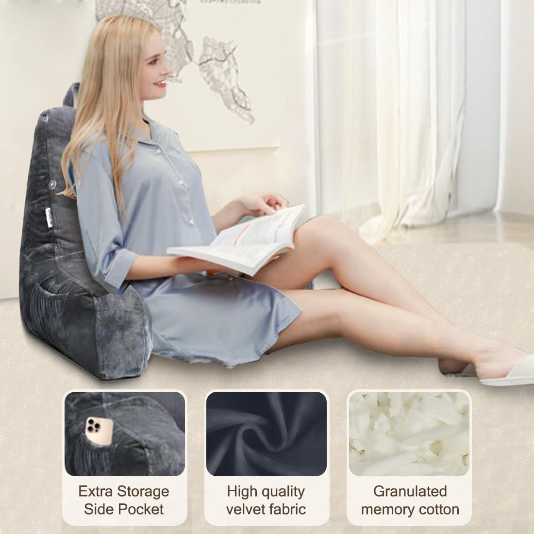 Reading Pillow with Velvet Cover and Memory Foam Support