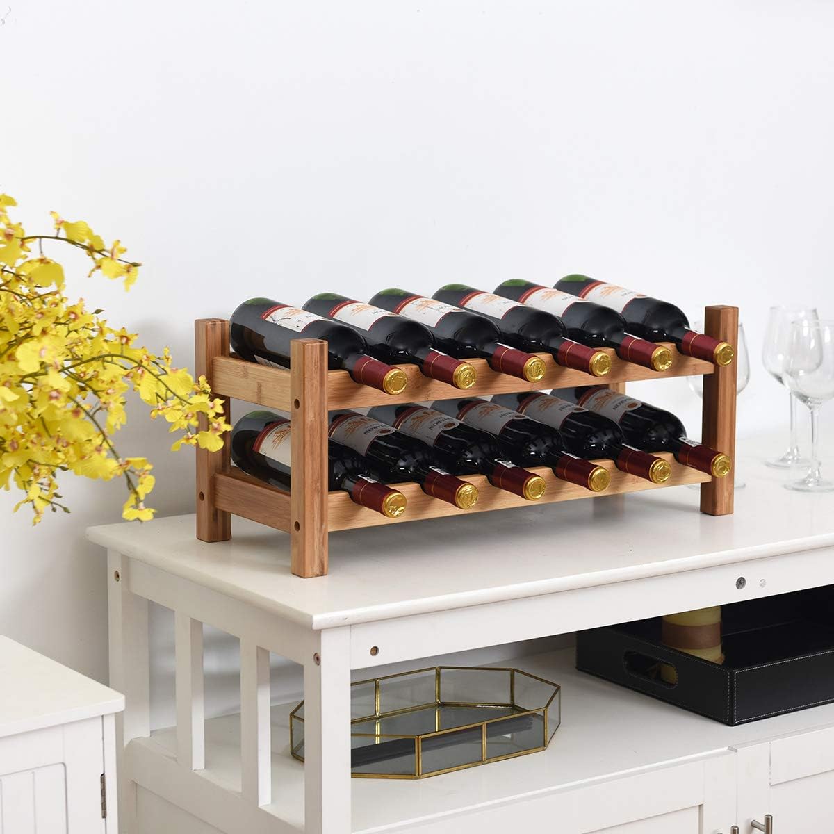 LDAILY 12-Bottle Bamboo Wine Rack 2-Tier Freestanding