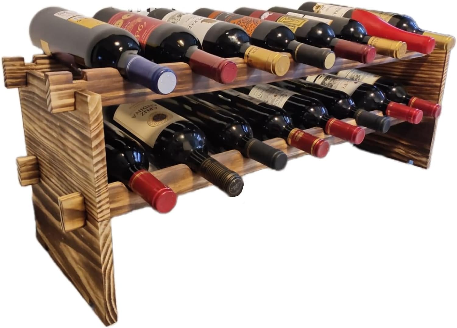 LoongZDD Carbonized Pine Wood Wine Rack - 2 Tier 16 Bottle Capacity Freestanding