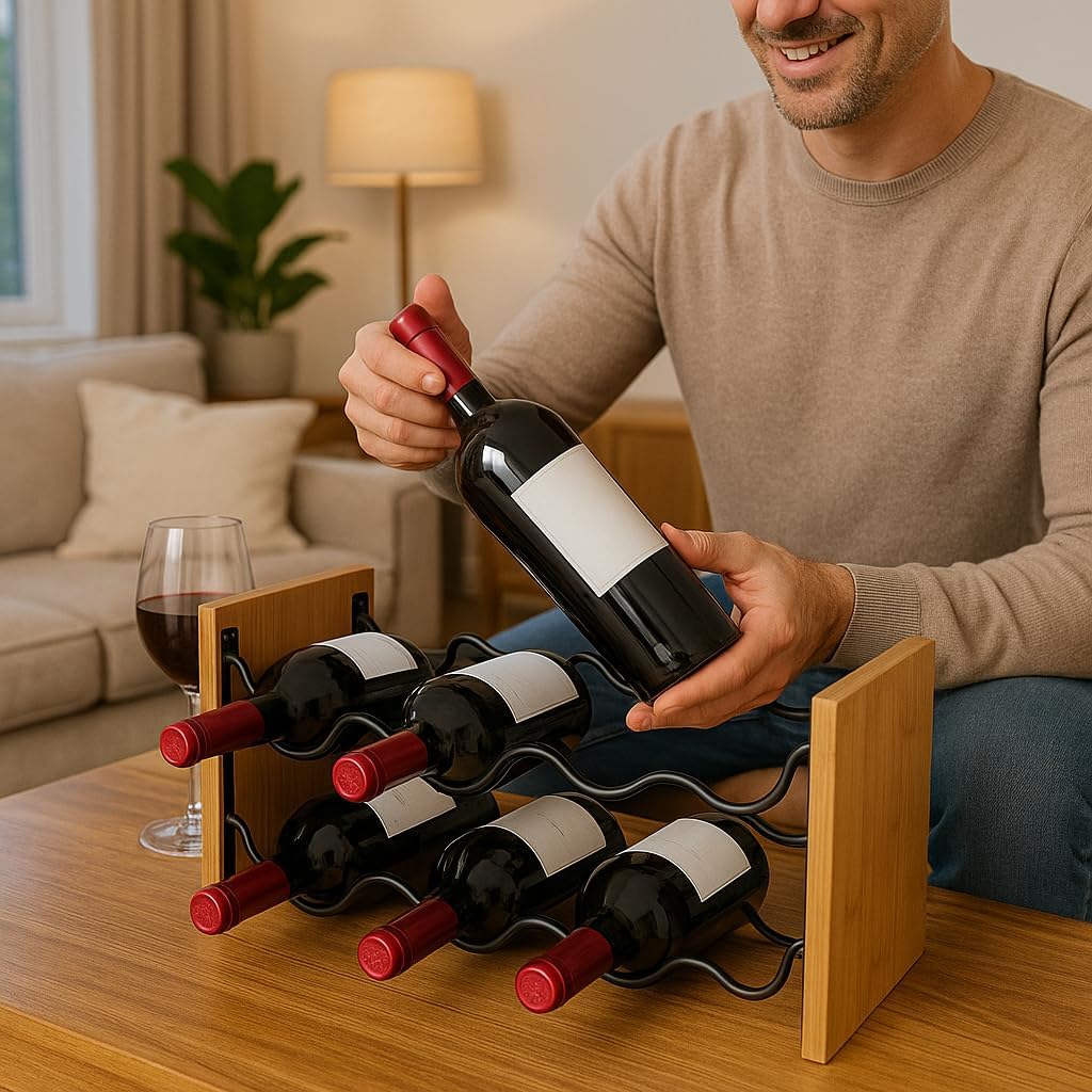 Creative Home Freestanding Wine Rack with Acacia Wood and Black Wire