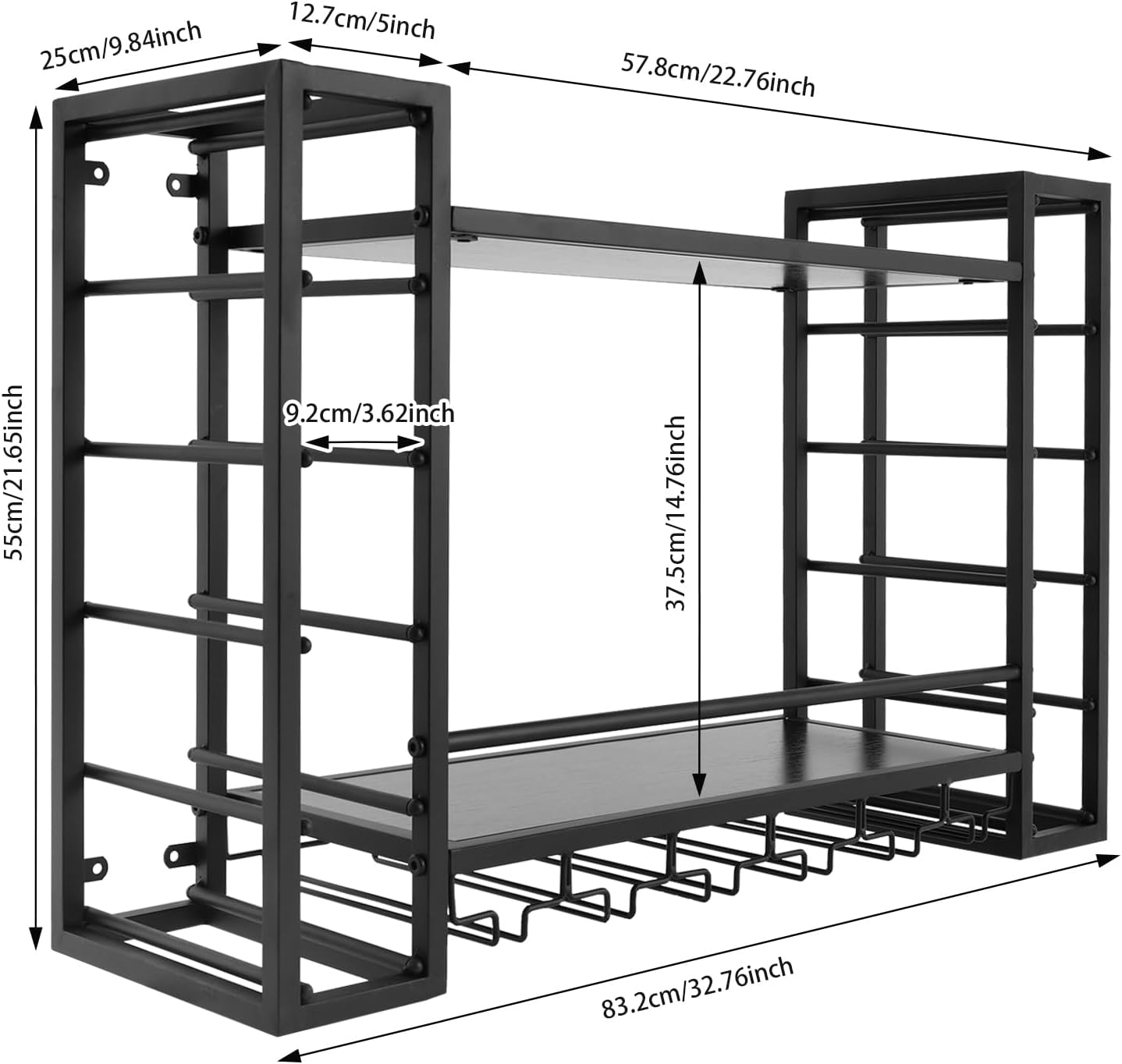 NDKASHF Wall Mounted Wine Rack - 2-Tier with Glass and Bottle Holders Black