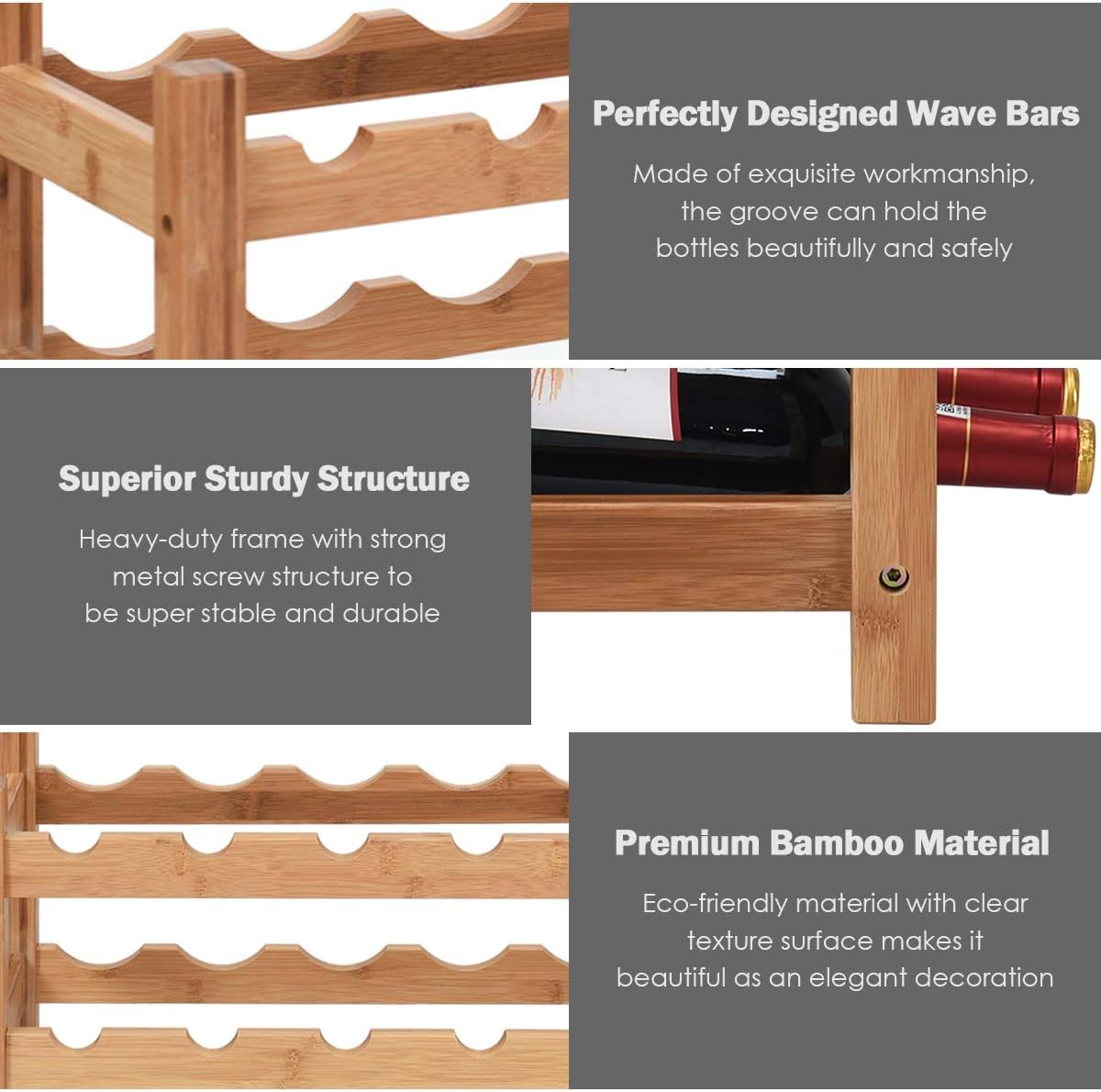 LDAILY 12-Bottle Bamboo Wine Rack 2-Tier Freestanding