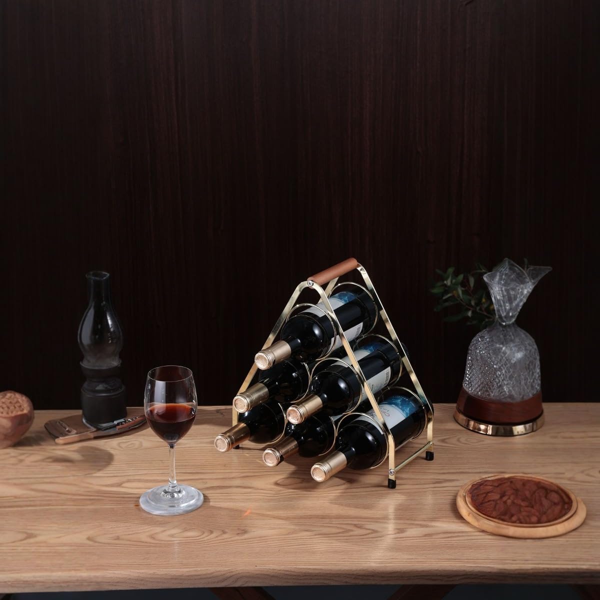 YimiBloss 6-Bottle Tabletop Wine Rack with Wooden Handle