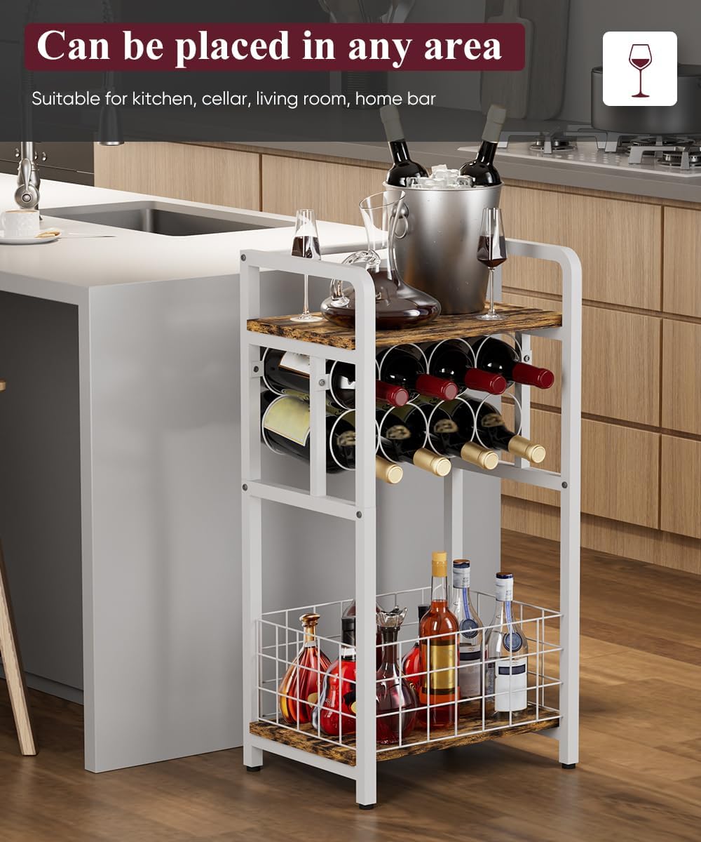 3-Tier Freestanding Wine Rack with Wood Top and Metal Frame