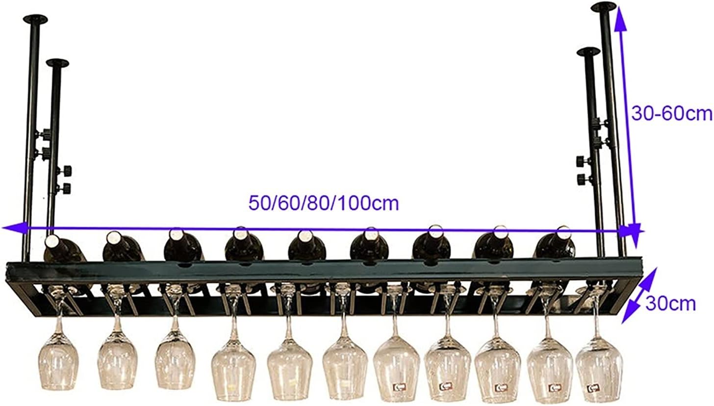 Black Wall-Mounted Wine Rack with Glass Holder Adjustable