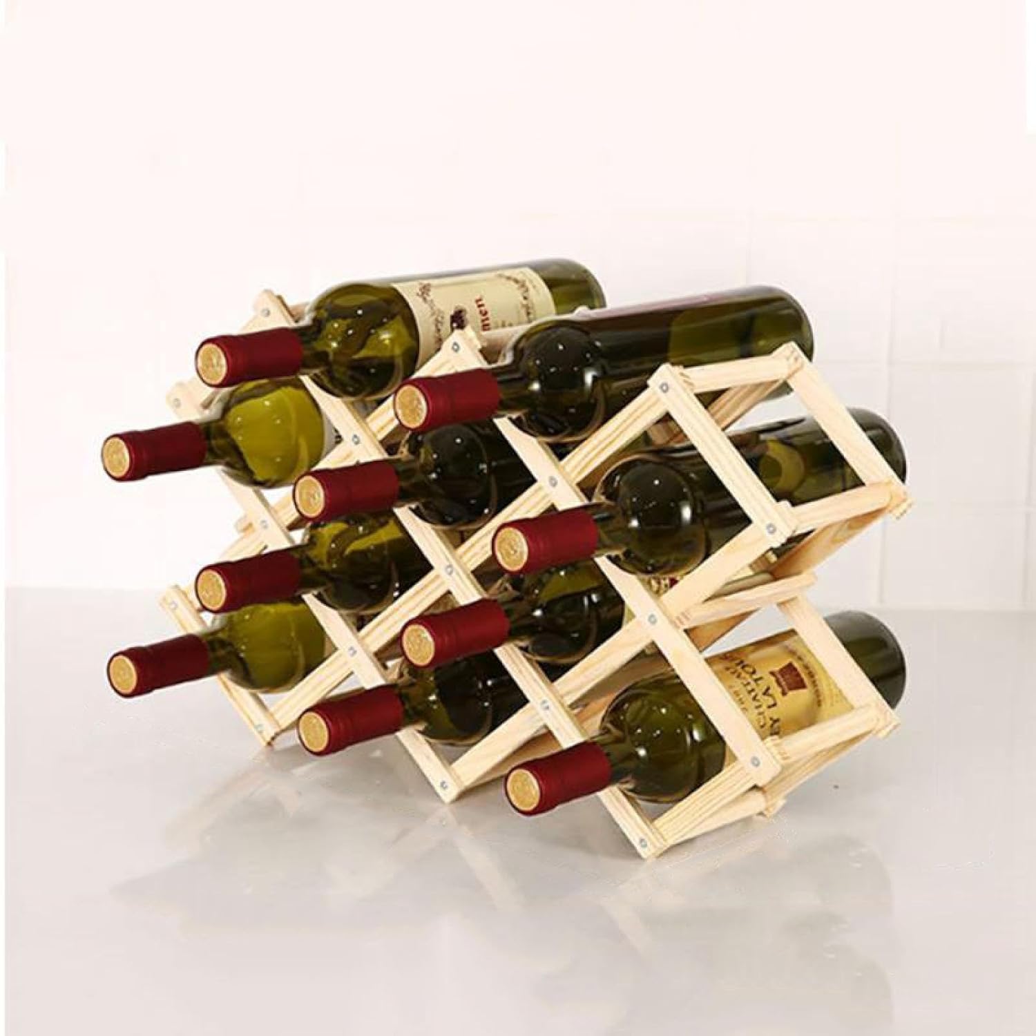 OWKAY Foldable Wooden Wine Rack 10 Bottles