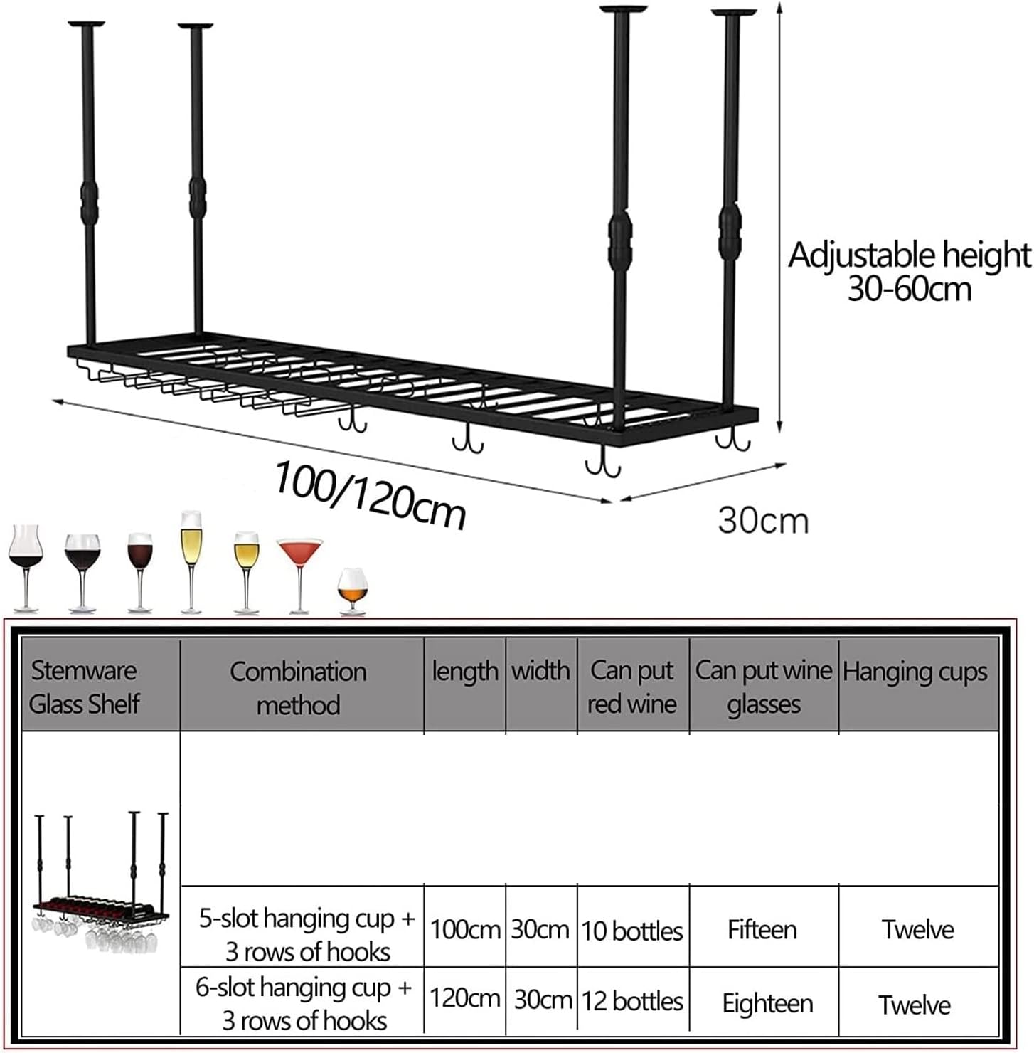 Ceiling Wine Glass Rack - Height Adjustable Durable Metal Holder for Bar Kitchen