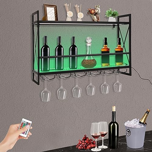 Industrial Wine Bar Cabinet with LED Light and 2 Tier Shelves