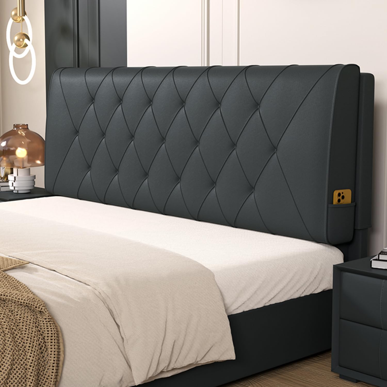 Faux Leather Headboard Cushion Black with Straps 79 Inch