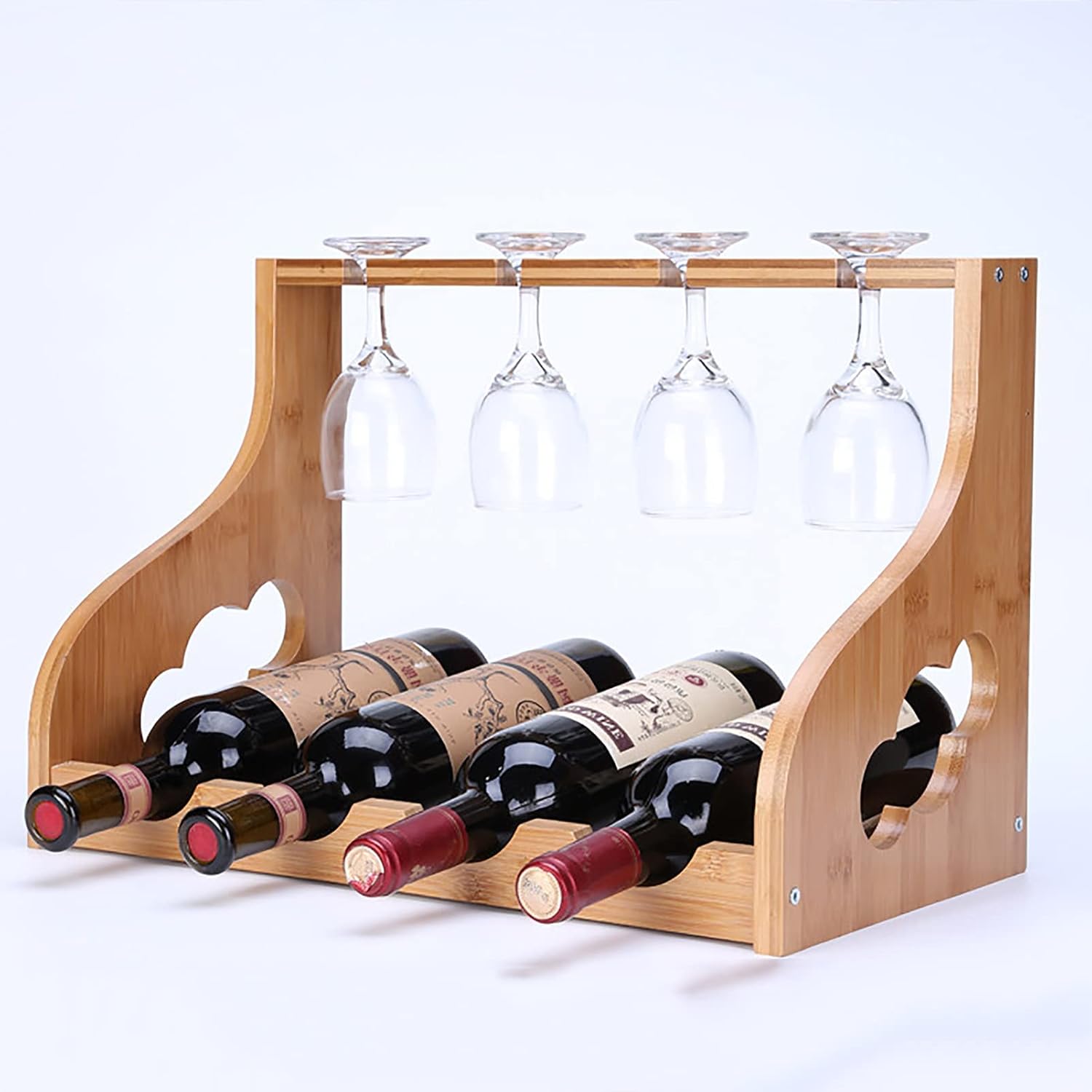Wood Wine Rack for 4 Bottles Free Standing Display Cabinet