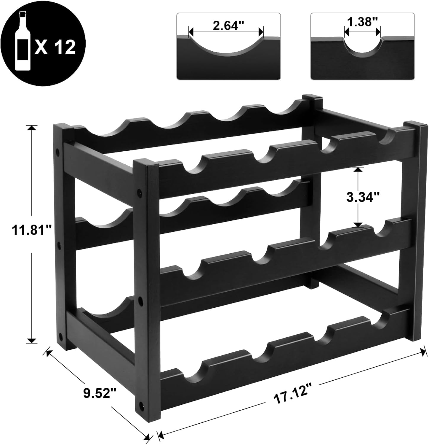 Thalomely 3-Tier Bamboo Wine Rack Black 12 Bottle Storage
