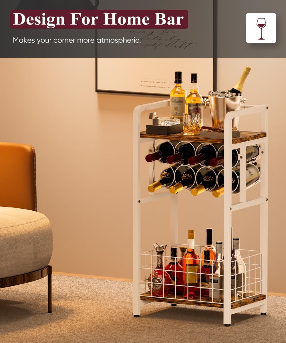 3-Tier Freestanding Wine Rack with Wood Top and Metal Frame