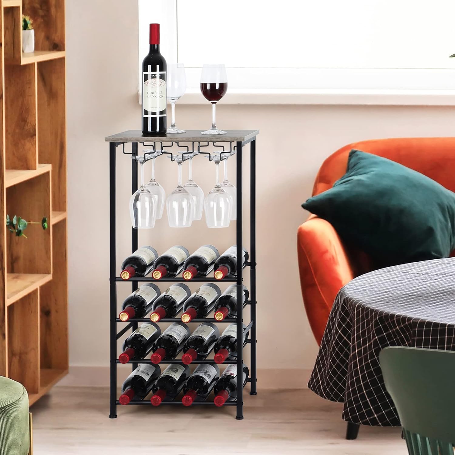 OYEAL Freestanding Wine Rack with 16 Bottle Capacity Gray Oak