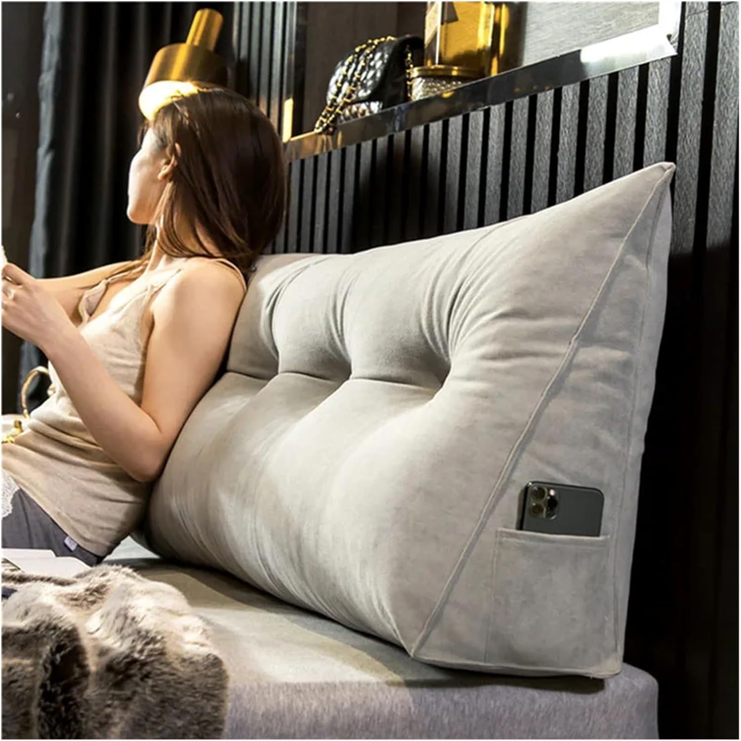 GeRRiT Velvet Headboard Pillow with Side Pocket