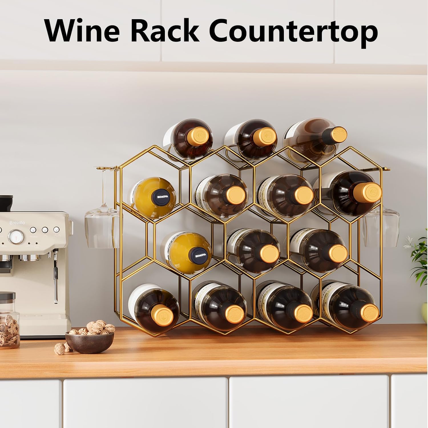 Urban Deco 14-Bottle Wine Rack - Gold Wire Inserts No Assembly Required