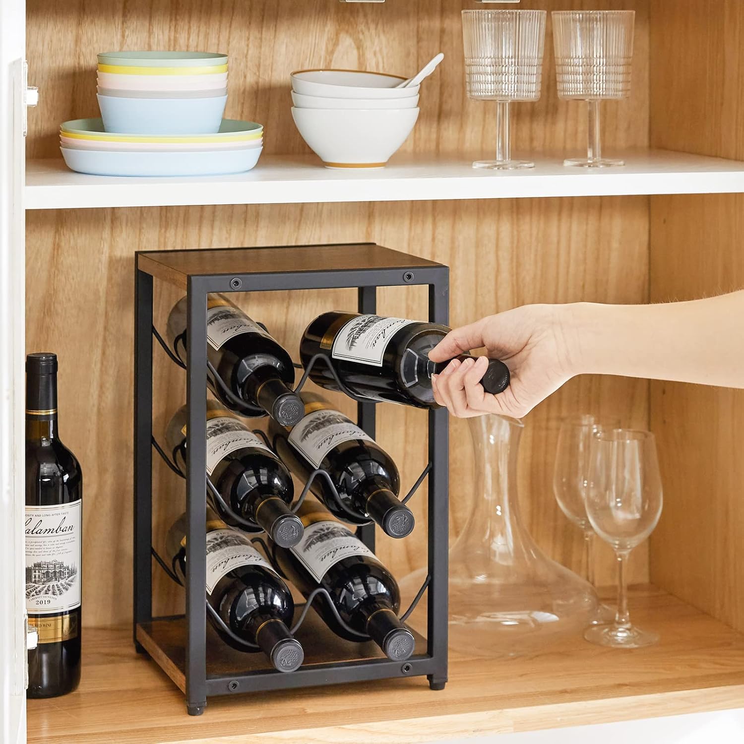 IBUYKE 6-Bottle Rustic Wood Wine Rack 3 Tier Freestanding
