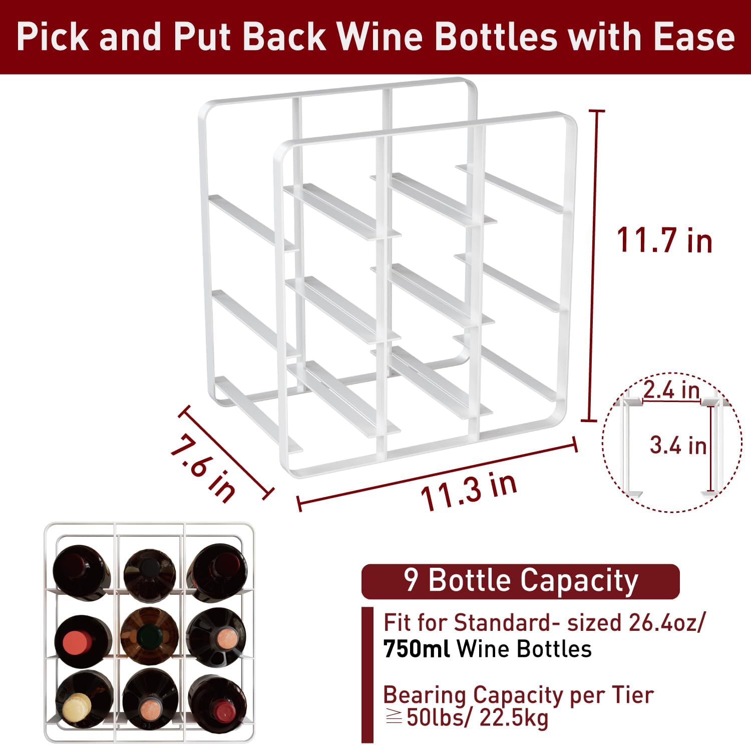 Buruis 9-Bottle Metal Wine Rack Freestanding No Assembly Required White