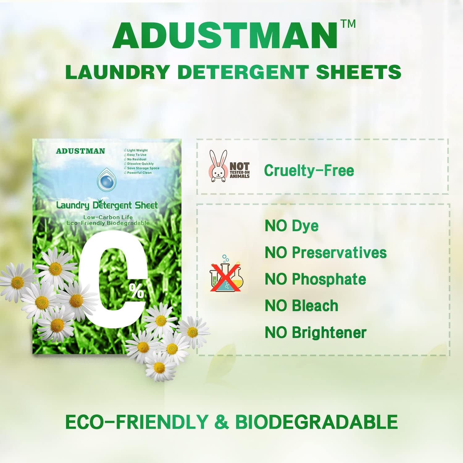 ADUSTMAN Liquidless Laundry Detergent Sheets 62 Loads Eco Friendly Hypoallergenic