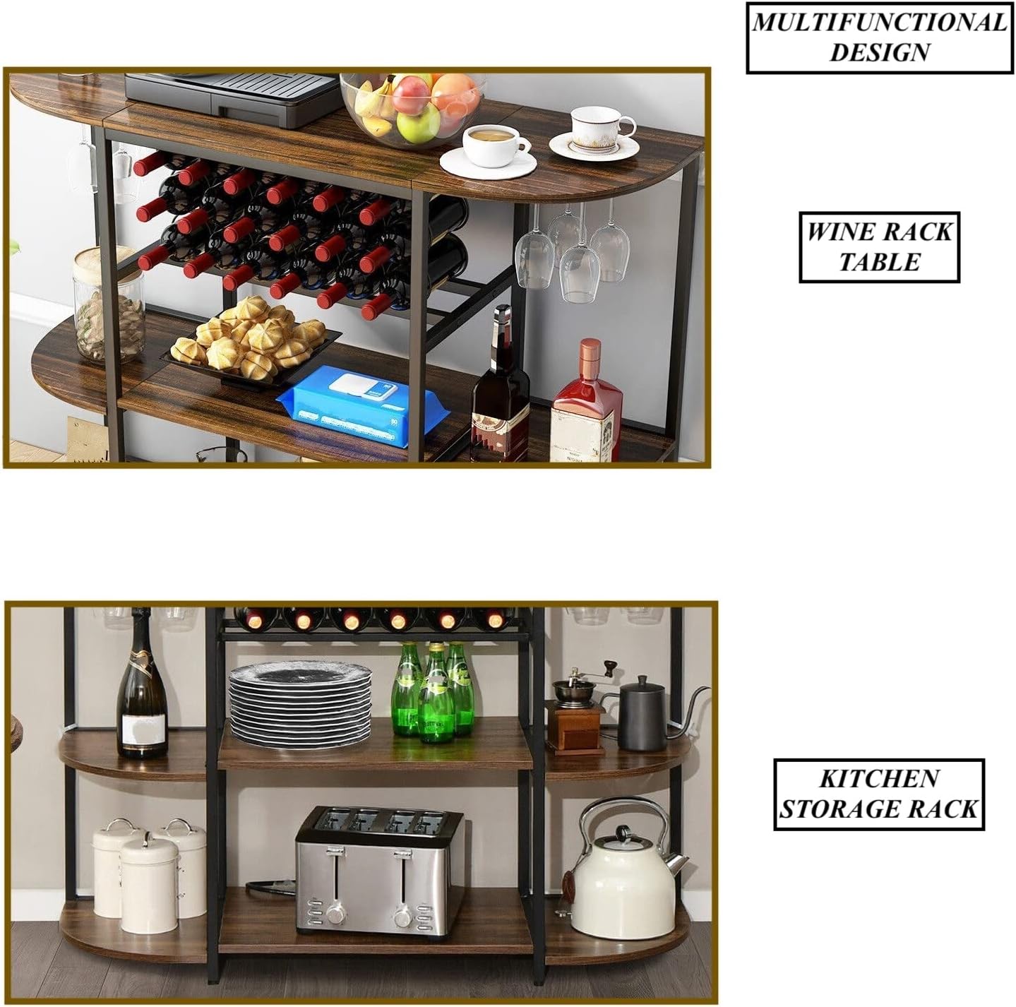 Freestanding 3 Tier Wine Rack with 4 Rows Glass Holder