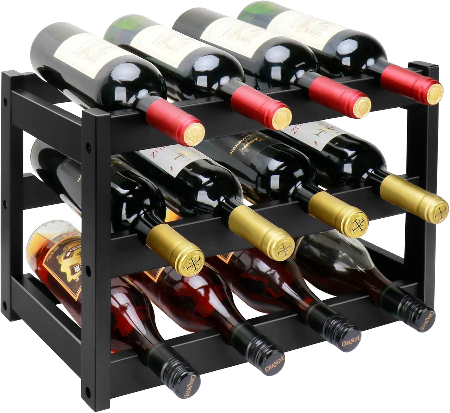 Thalomely 3-Tier Bamboo Wine Rack Black 12 Bottle Storage