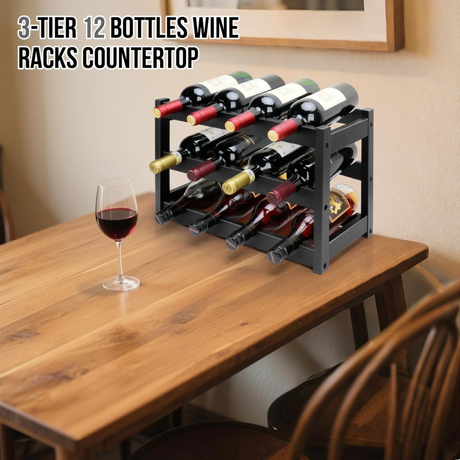 Thalomely 3-Tier Bamboo Wine Rack Black 12 Bottle Storage