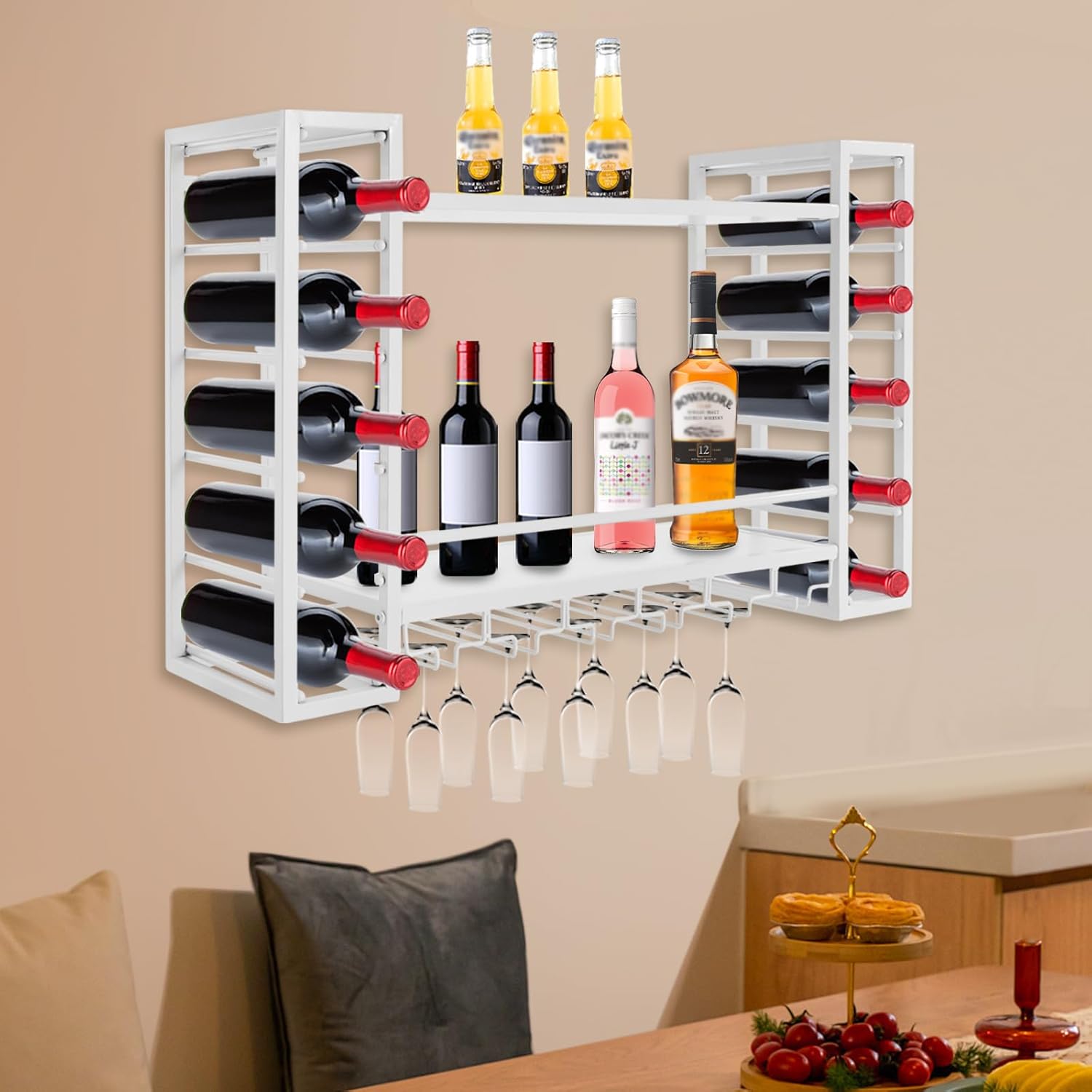 Wall Mounted Wine Rack with Glass Holders - 2-Tier White 33In