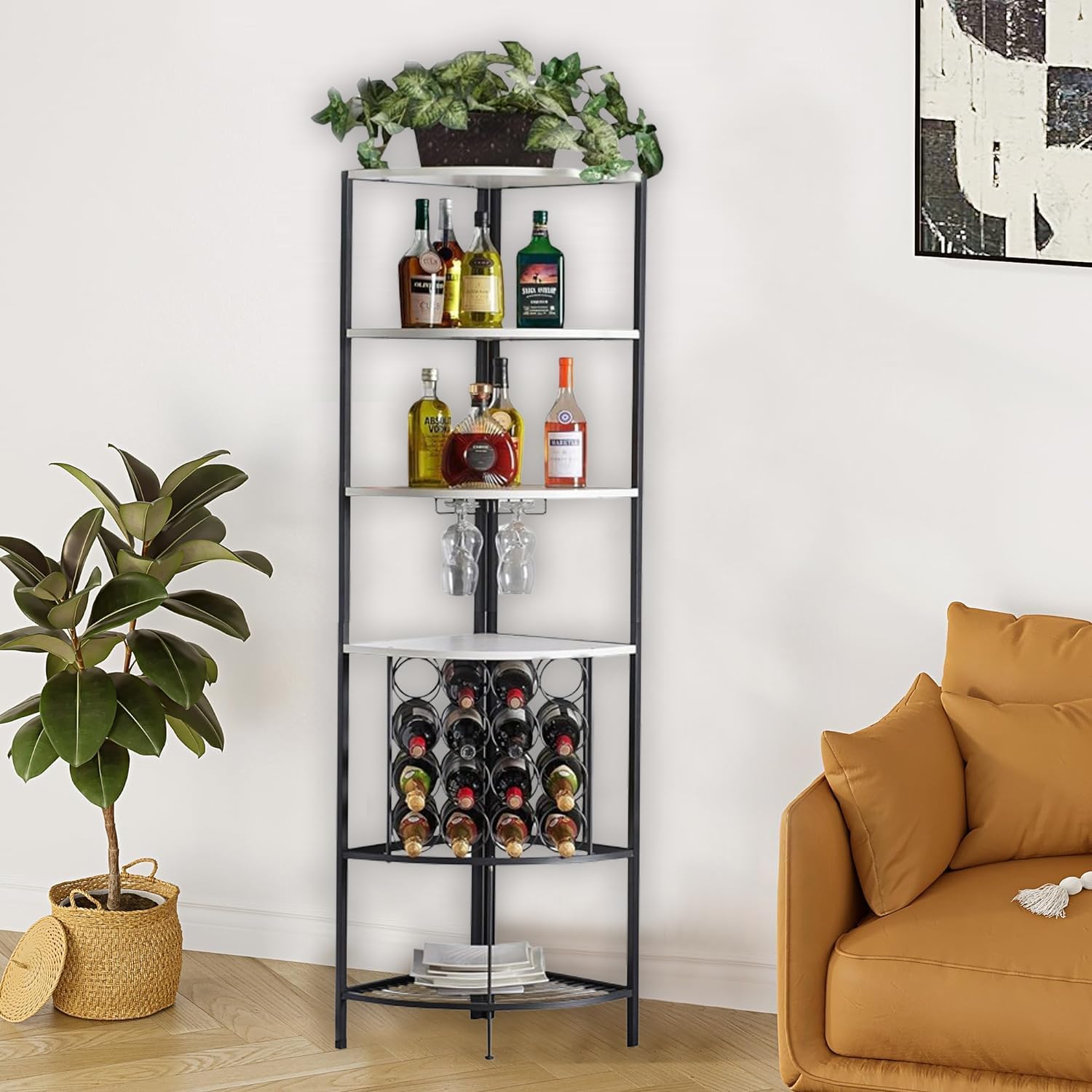 5 Tier Corner Wine Rack with Glass Holder White OakBlack