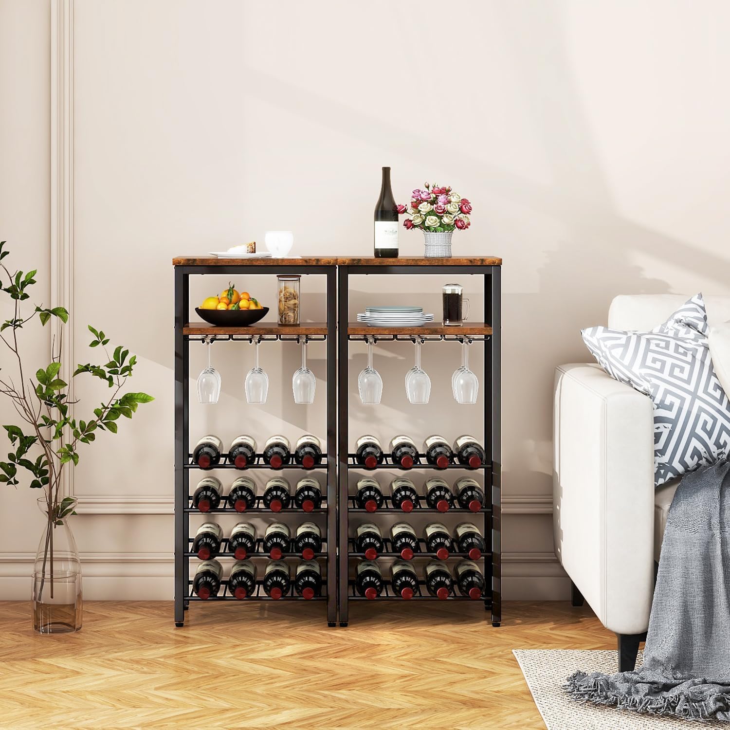IBUYKE Freestanding Wine Rack 16 Bottles 2-Tier Tabletop with Glass Holders