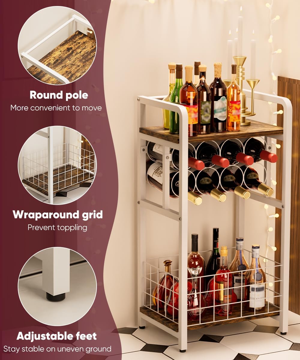 3-Tier Freestanding Wine Rack with Wood Top and Metal Frame