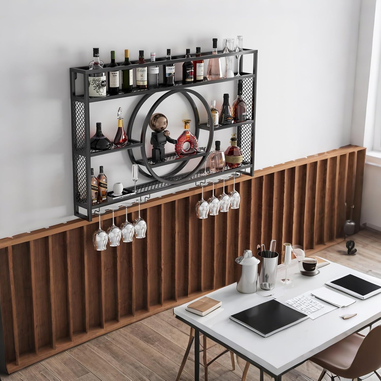 Modern Wall-Mounted Wine Rack with LED Lighting and Glass Holder