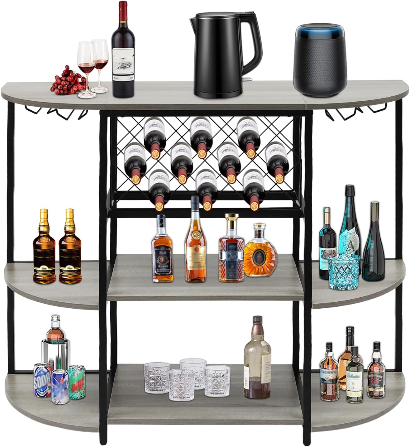 3-Tier Freestanding Wine Rack Table with Storage and Glass Holders Grey
