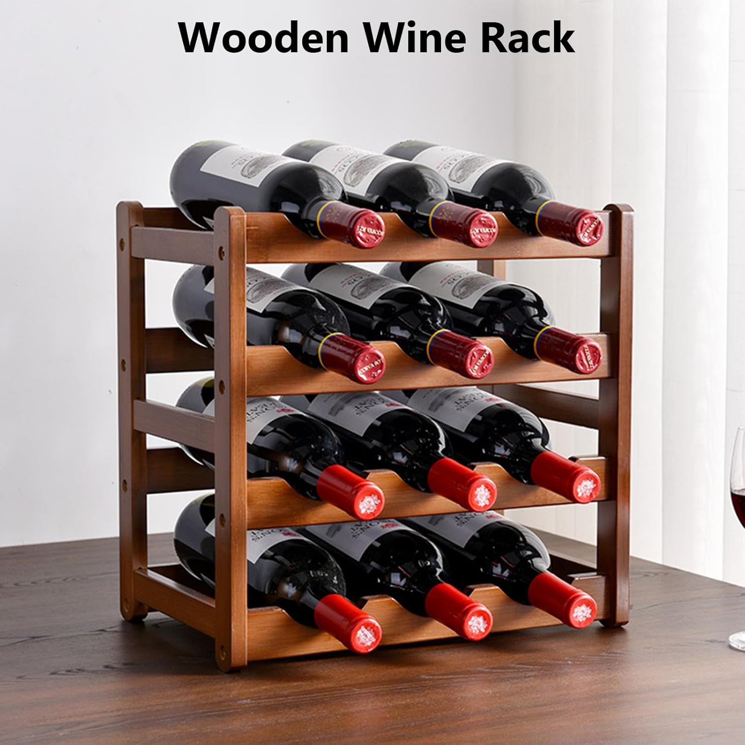 4 Tier Wooden Wine Rack 16 Bottles Freestanding