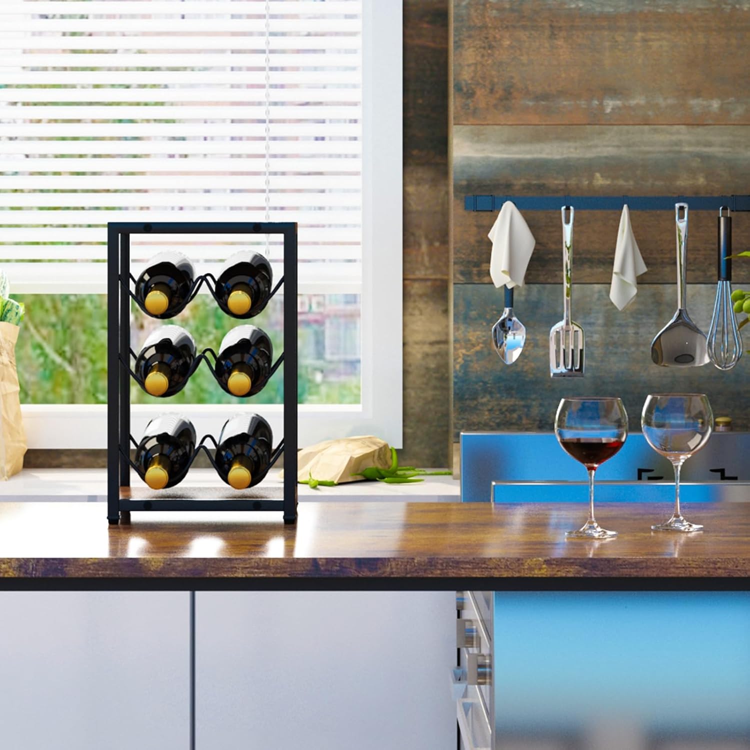 IBUYKE 6-Bottle Rustic Wood Wine Rack 3 Tier Freestanding