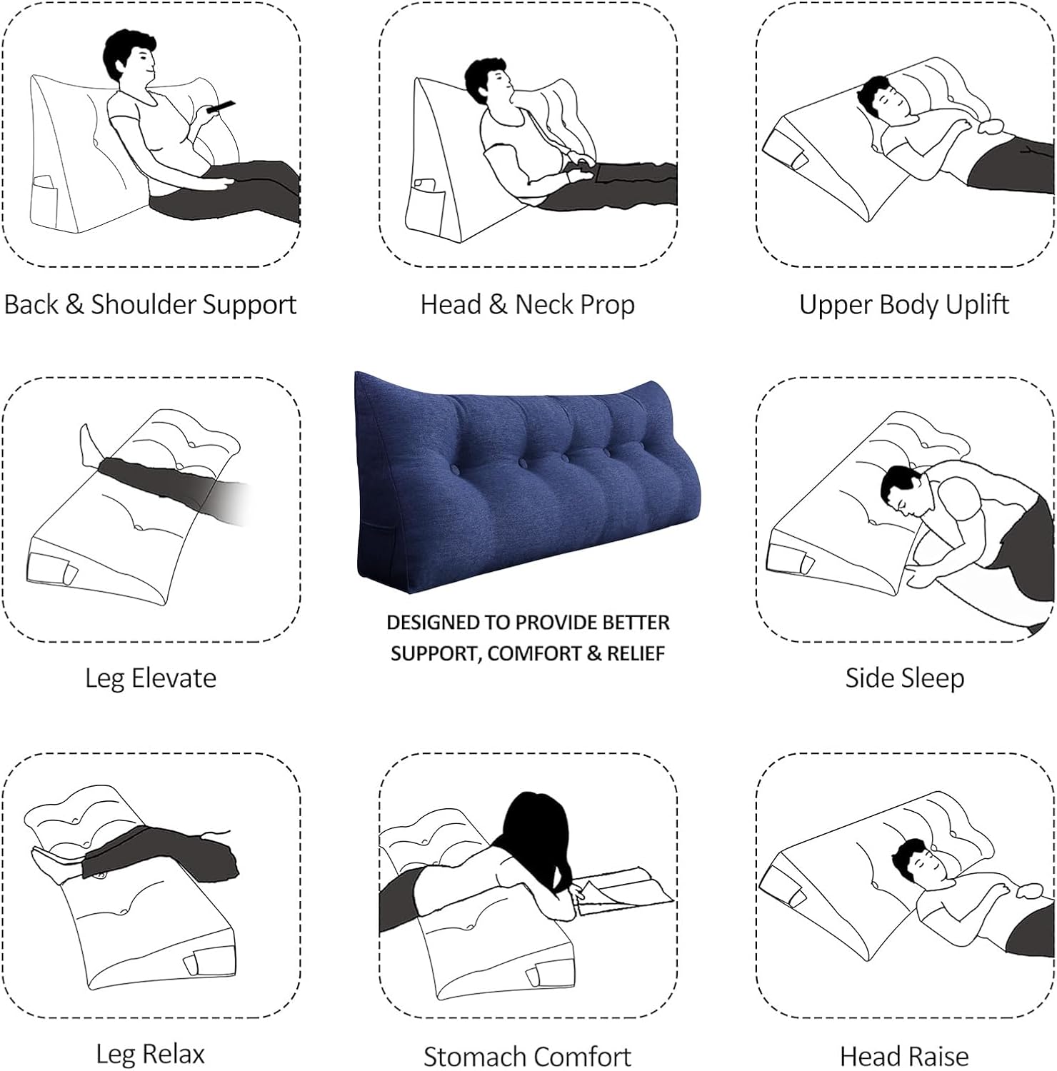 Wedge Pillow for Bed Reading and Back Support Blue Twin