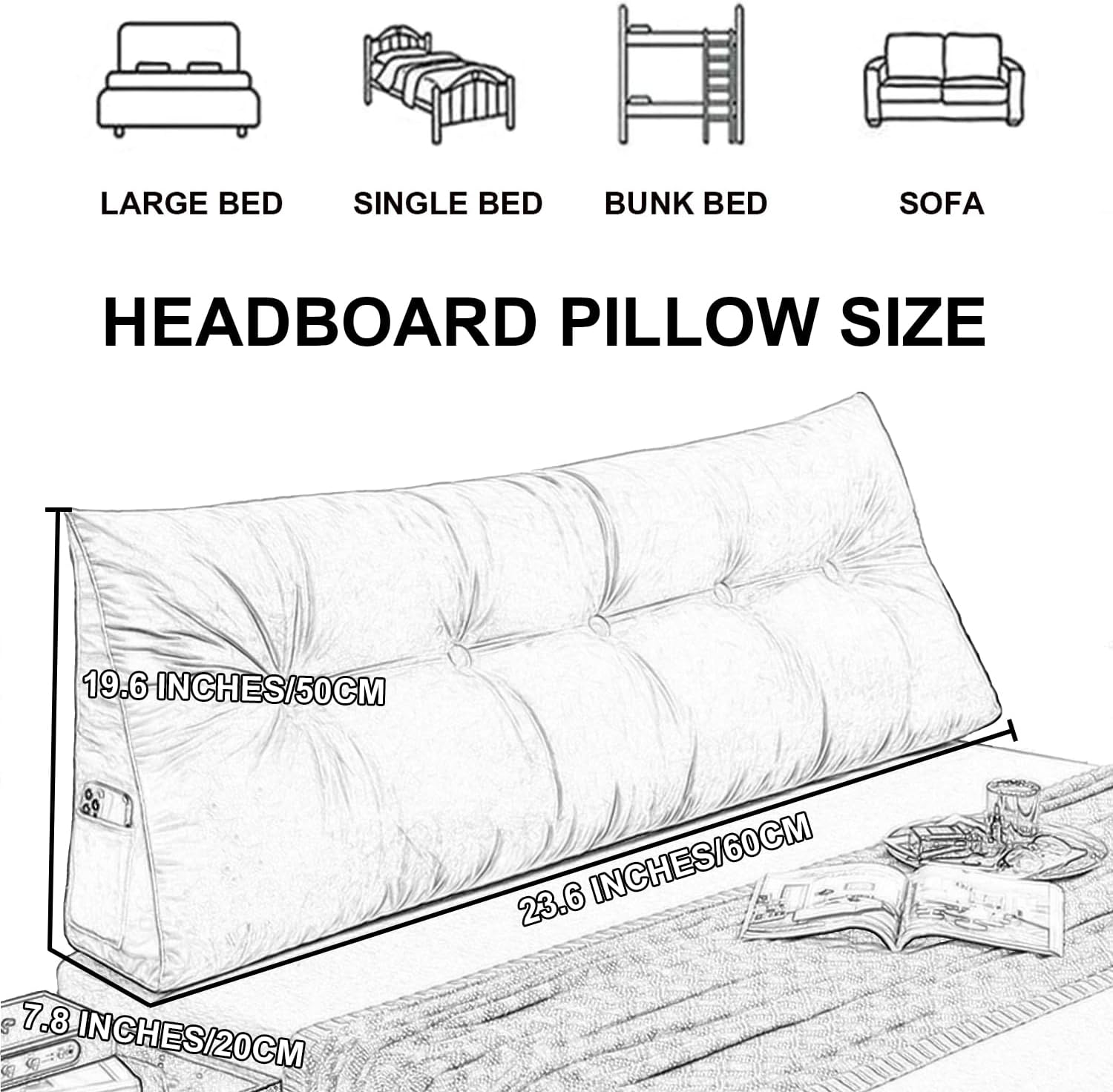 ZZYK Large Triangular Headboard Pillow Wedge 60cm Beige