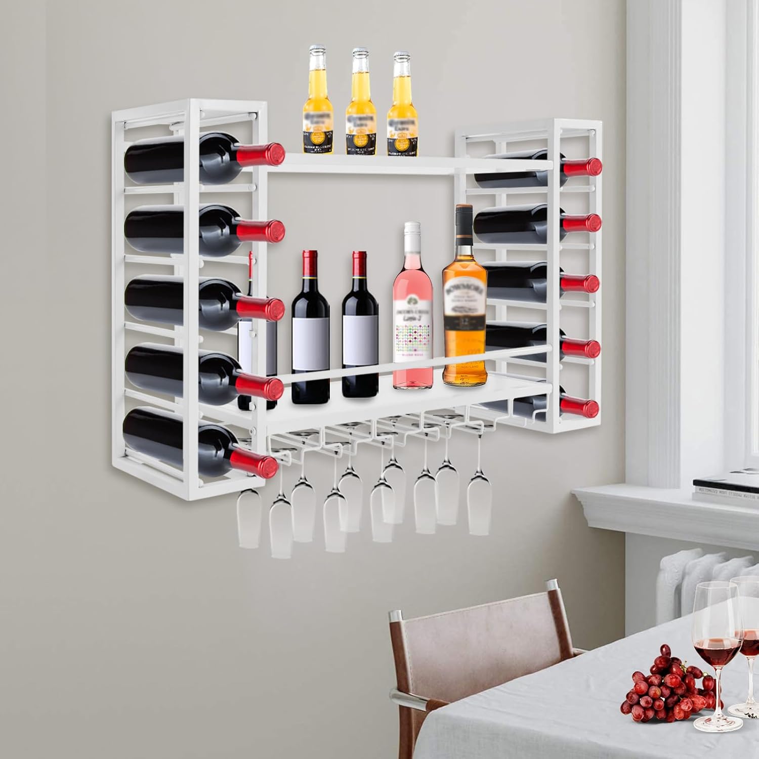 Wall Mounted Wine Rack with Glass Holders - 2-Tier White 33In