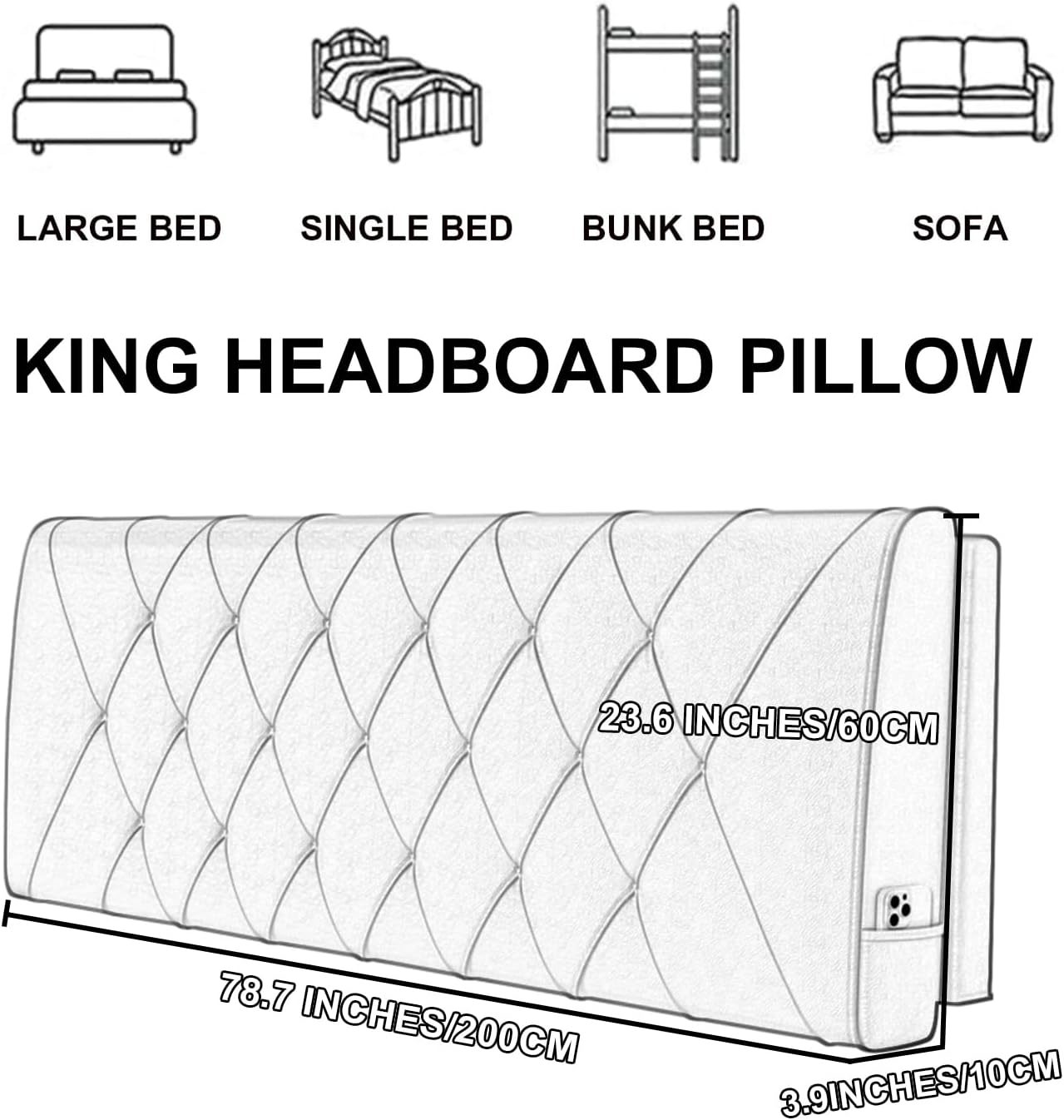 Faux Leather Headboard Cushion Black with Straps 79 Inch