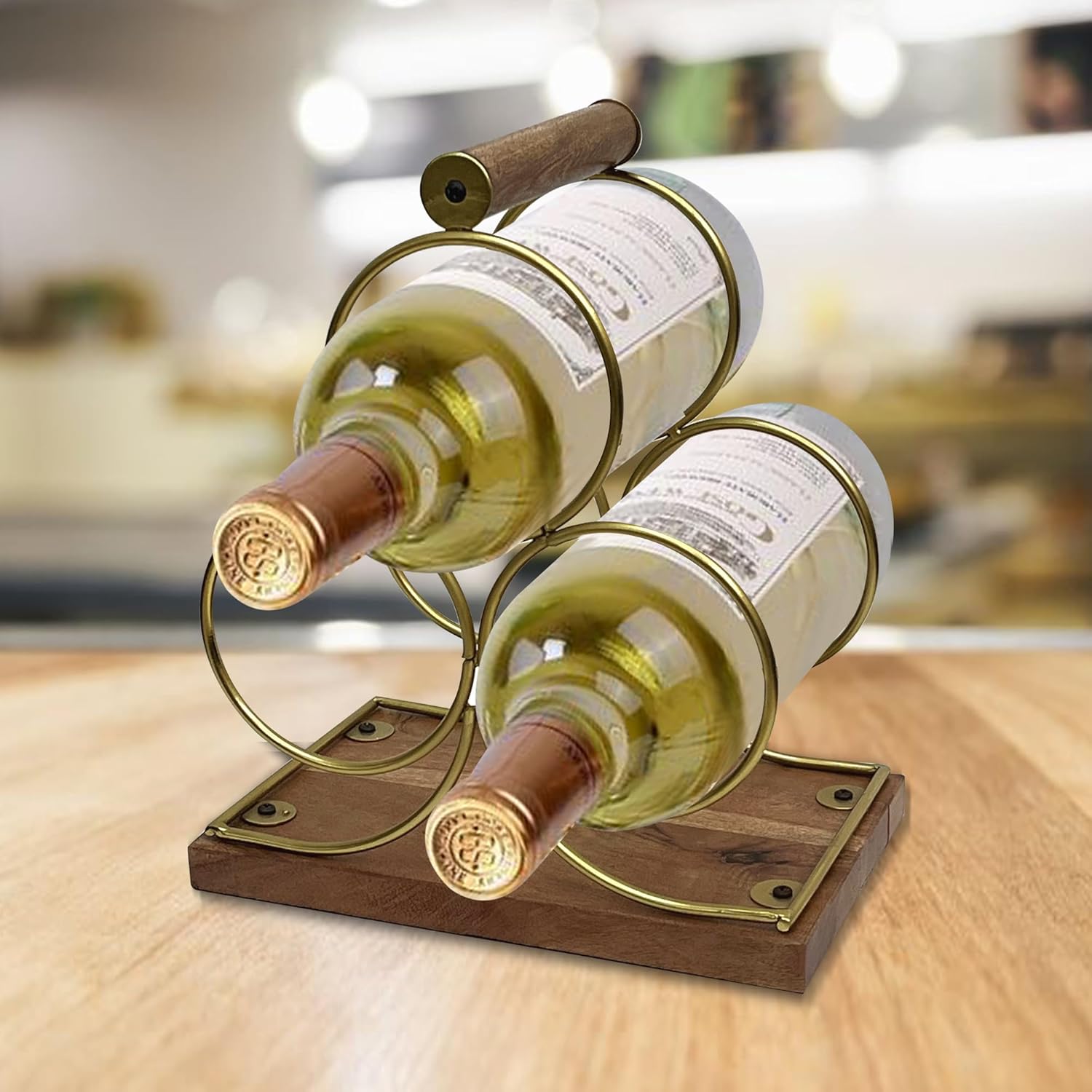 3 Bottles Freestanding Tabletop Wine Holder with Gold Finish