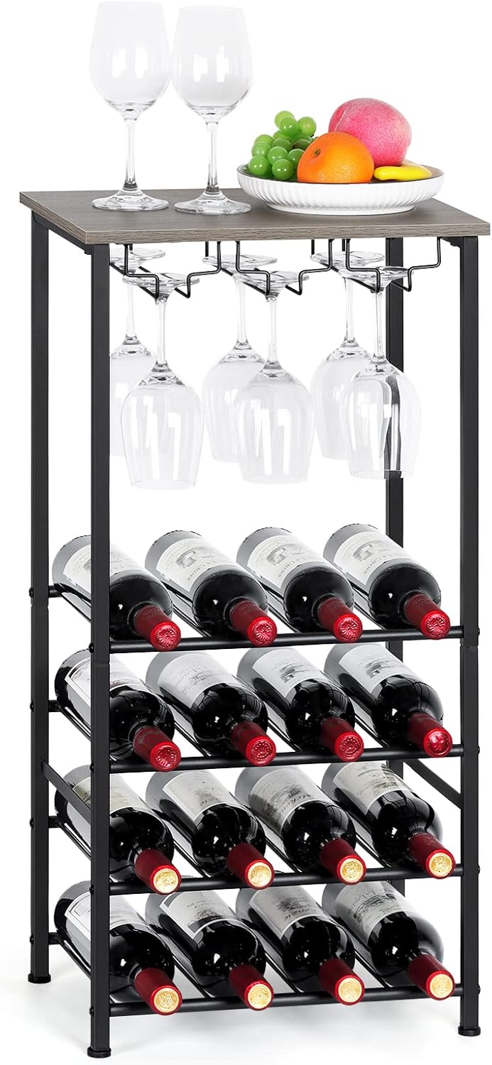 OYEAL Freestanding Wine Rack with 16 Bottle Capacity Gray Oak