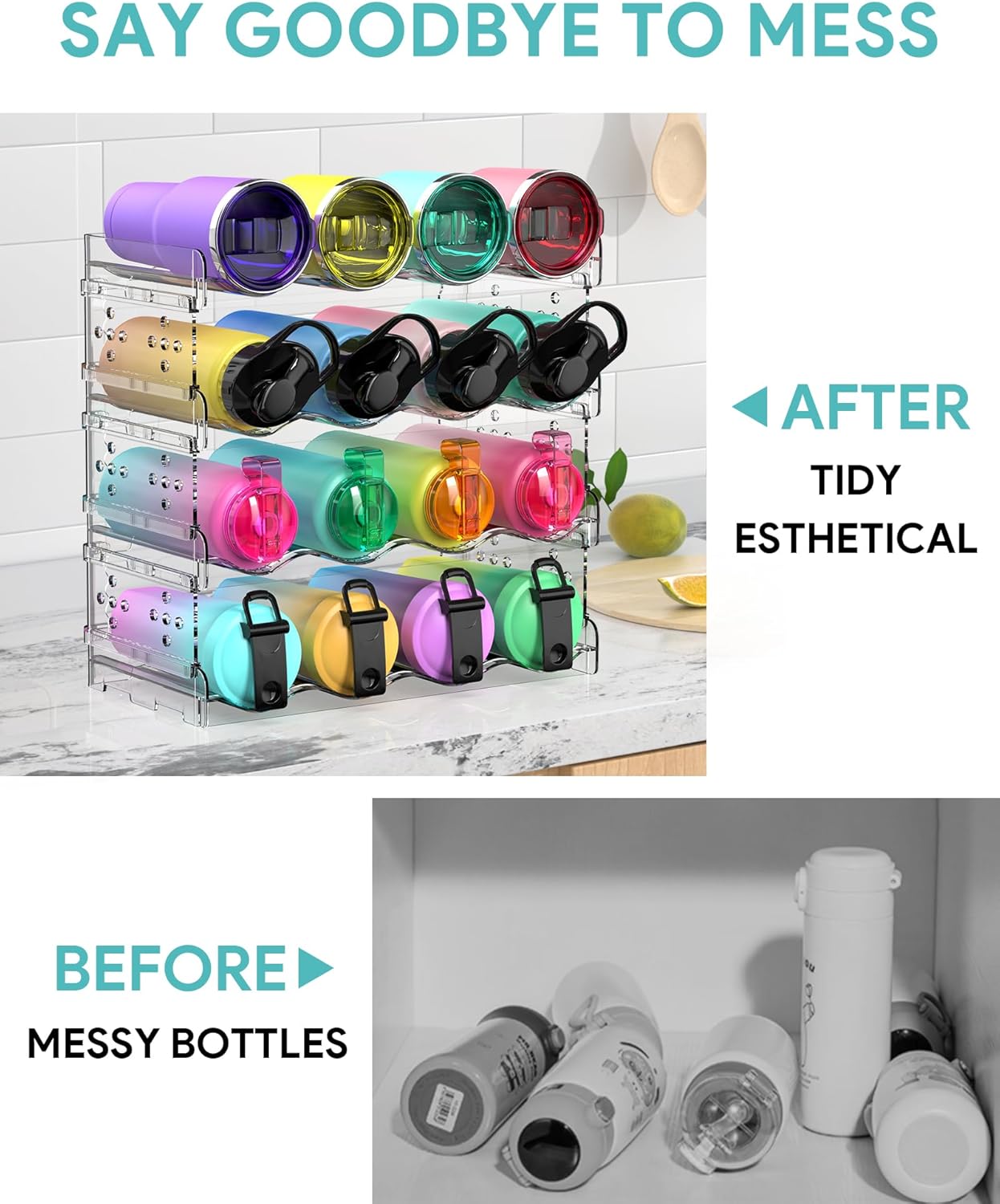 4 Tier Water Bottle Organizer for 16 Bottles Clear Plastic Freestanding
